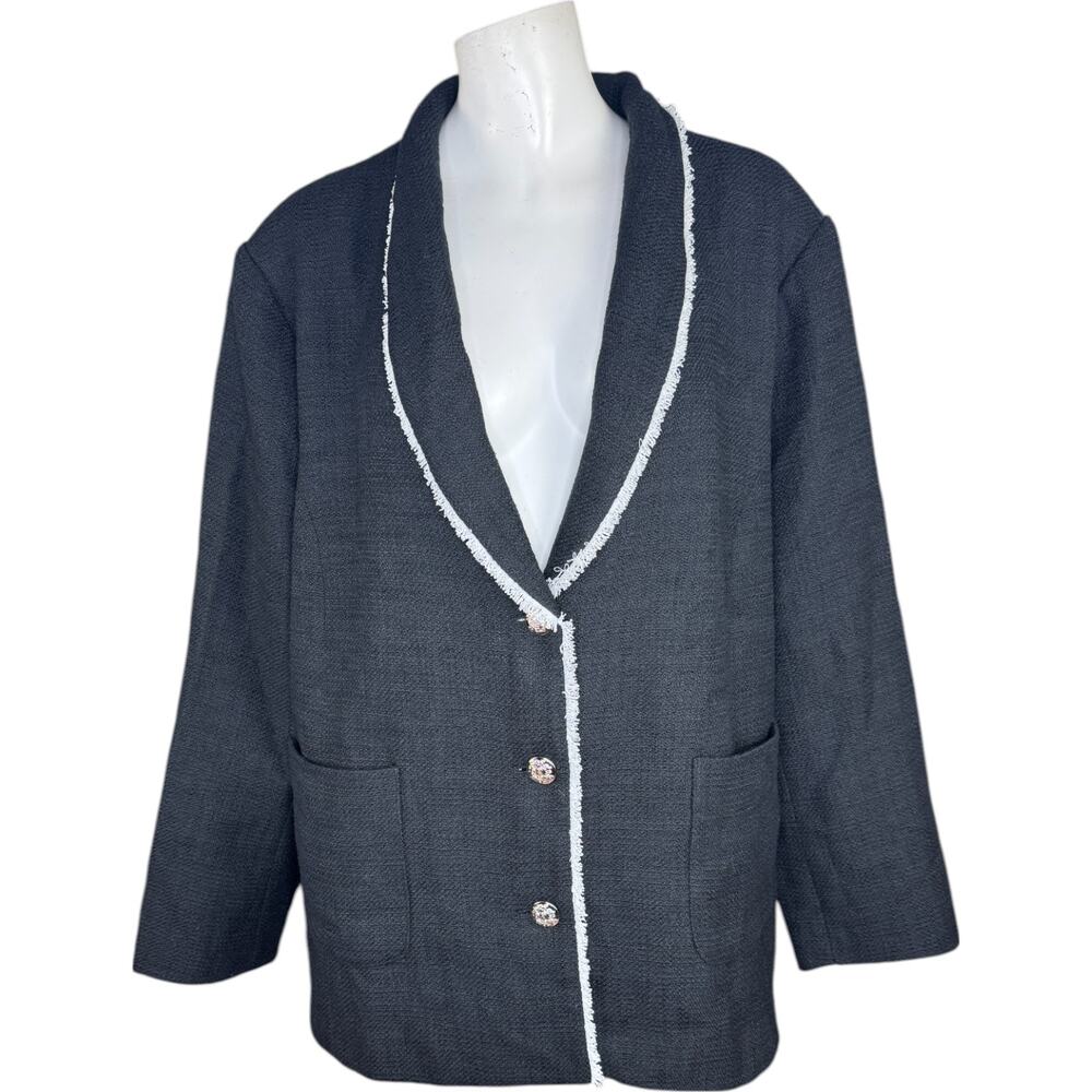 GRAVER Susan Graver Tweed Shawl Collar Blazer‎ with Fray Trim Black 28 Plus
